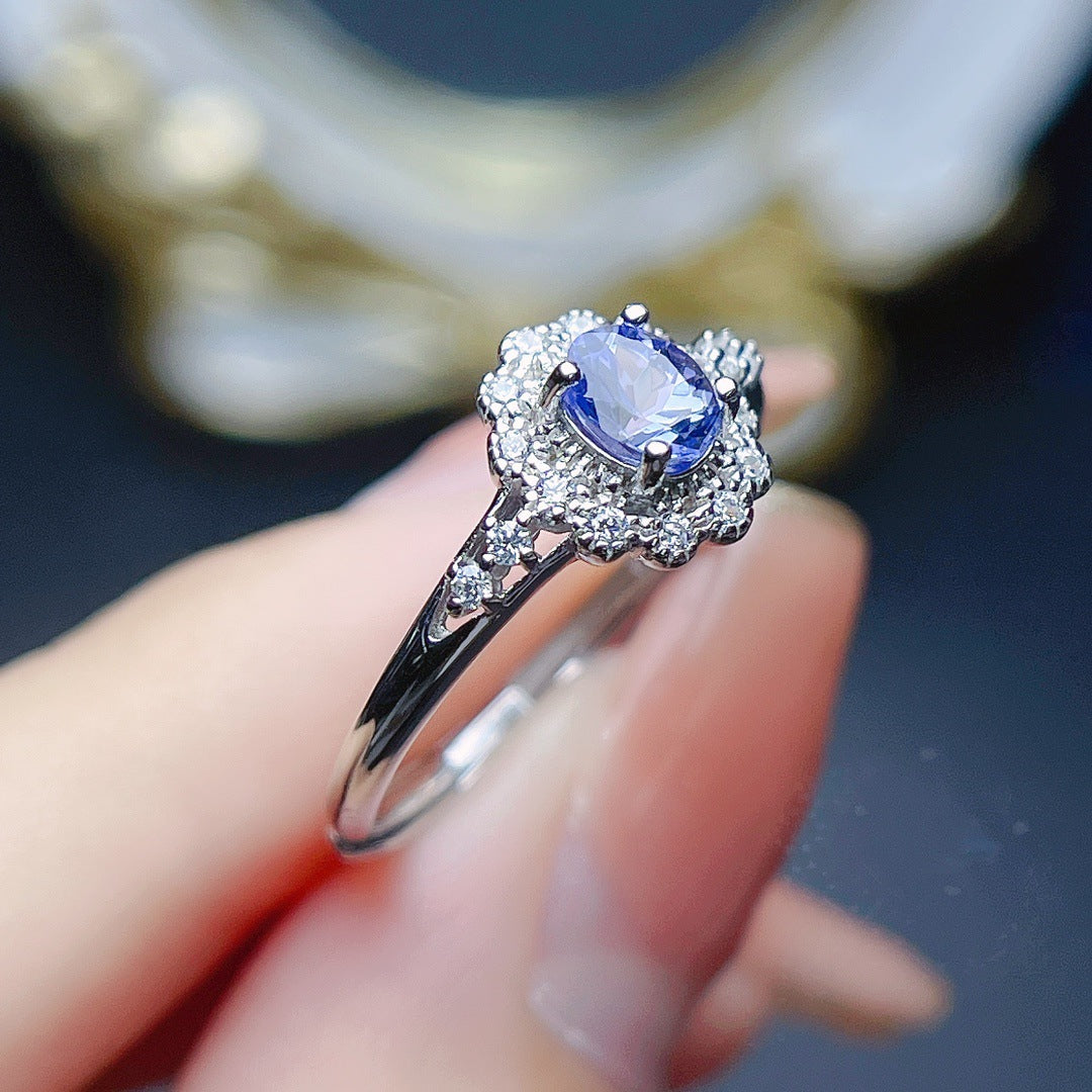 Bague en argent S925 avec tanzanite, style raffiné.