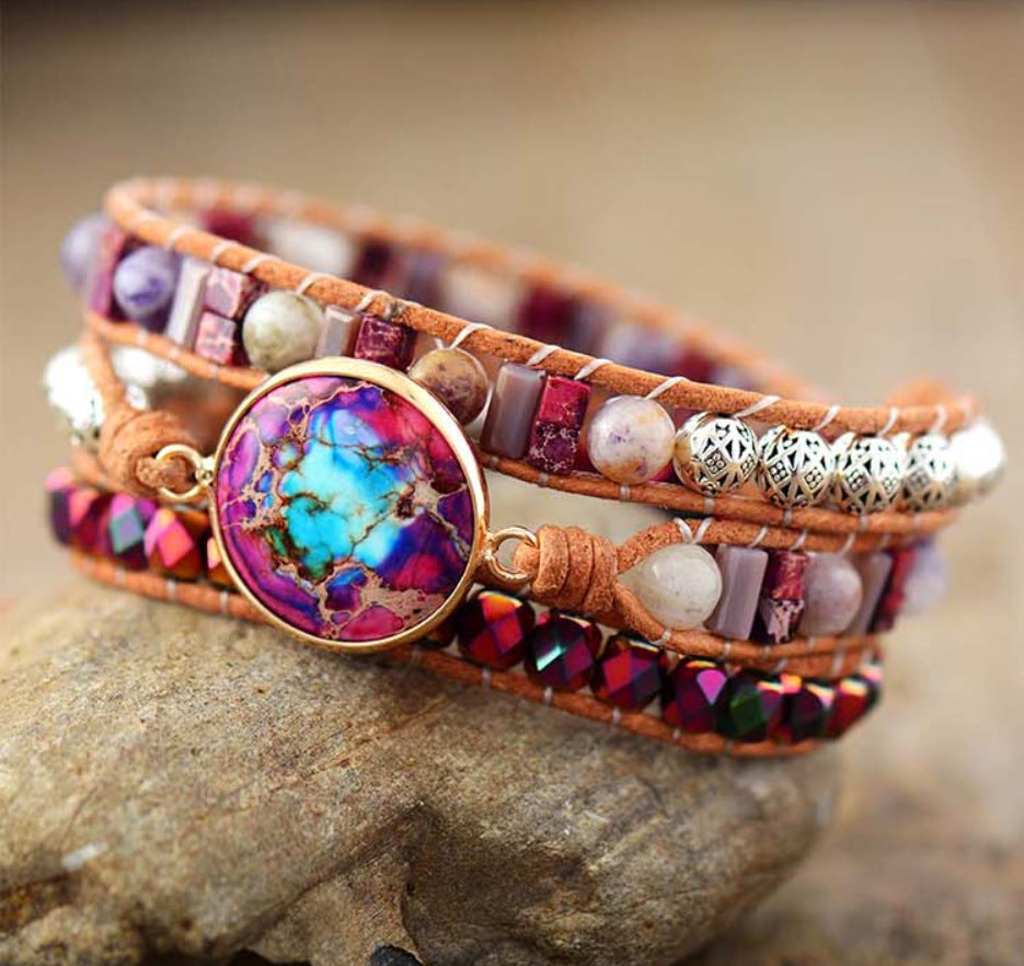 Bracelet en cuir tressé avec Pierre de l'Empereur multicolore