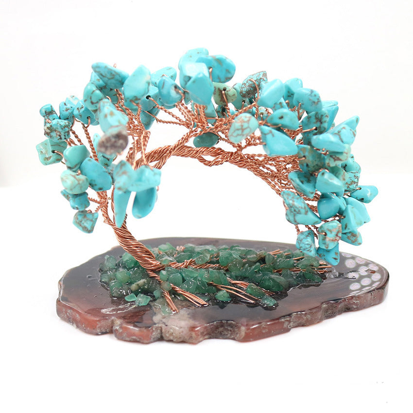Arbre de vie en cristal turquoise sur base en pierre rouge