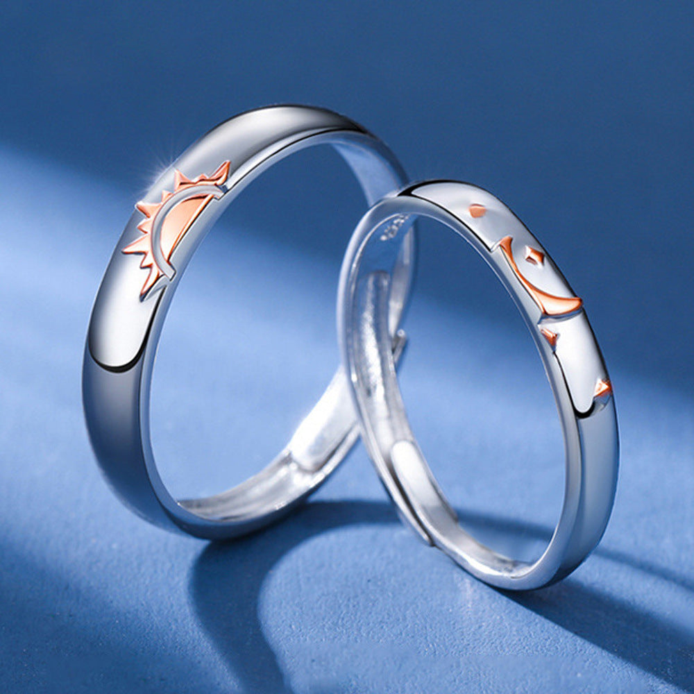 Bague couple argent S925 design soleil et lune
