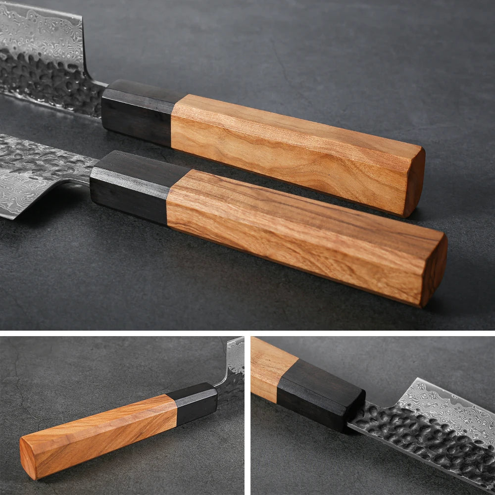 Manche ergonomique en bois d’olivier du couteau Kiritsuke japonais, offrant une prise en main confortable et élégante.