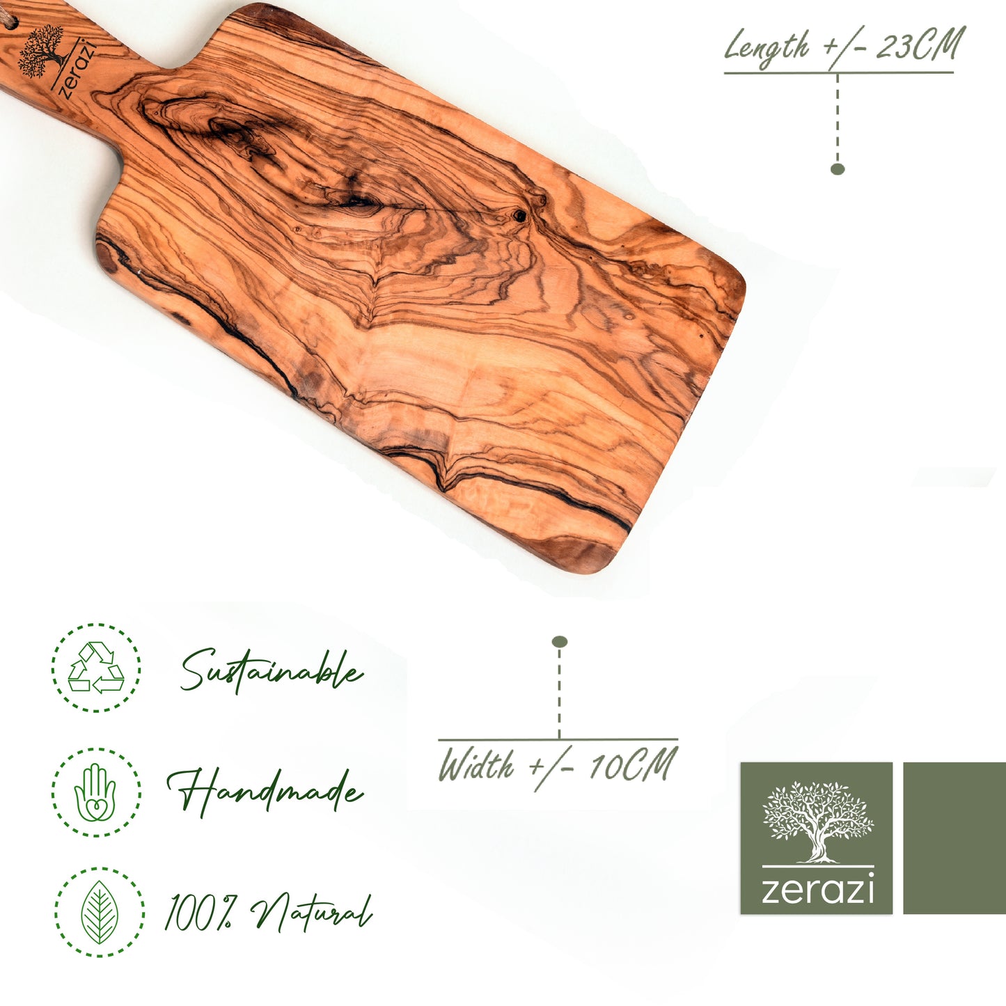 Planche artisanale en bois d'olivier avec dimensions 23 cm de longueur, 10 cm de largeur, et 2 cm d'épaisseur. Propriétés naturelles du bois : antibactérien, résistant aux odeurs et hygiénique, idéale pour une cuisine écologique.