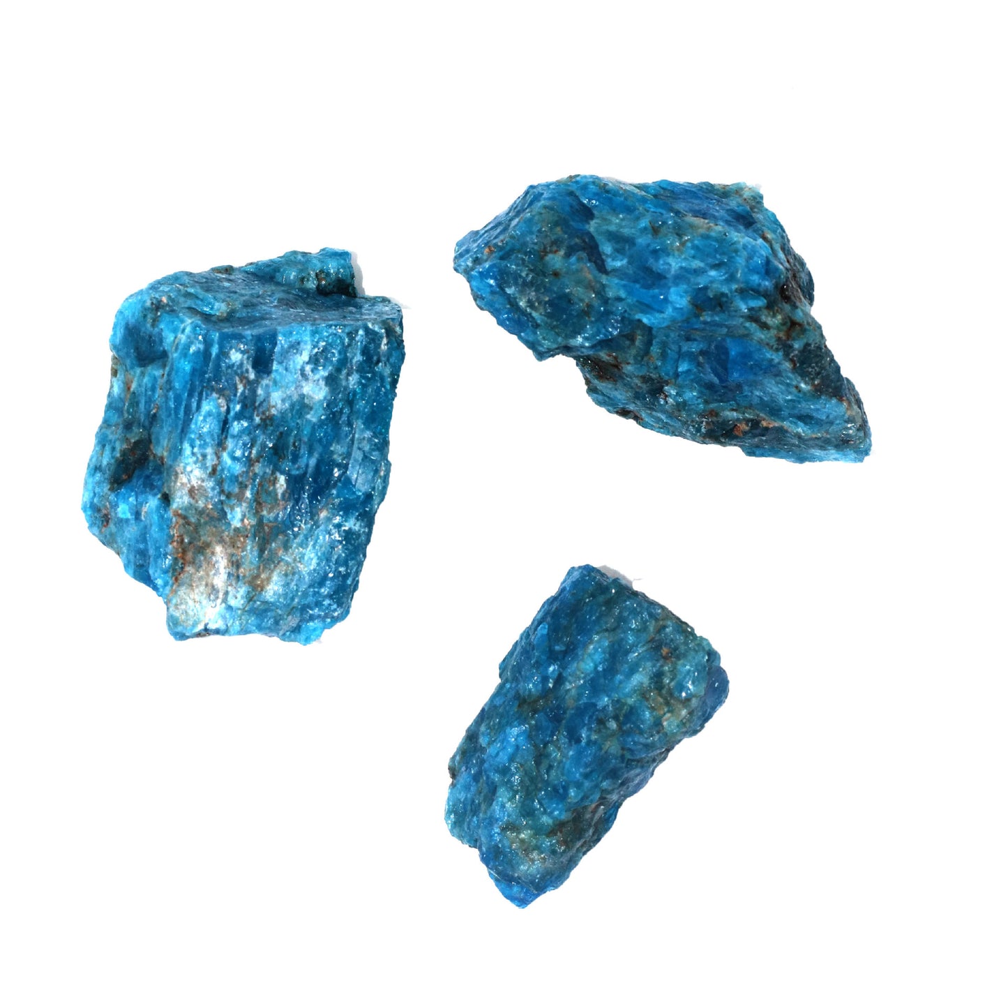 Trois pierres d'apatite bleue sur fond blanc