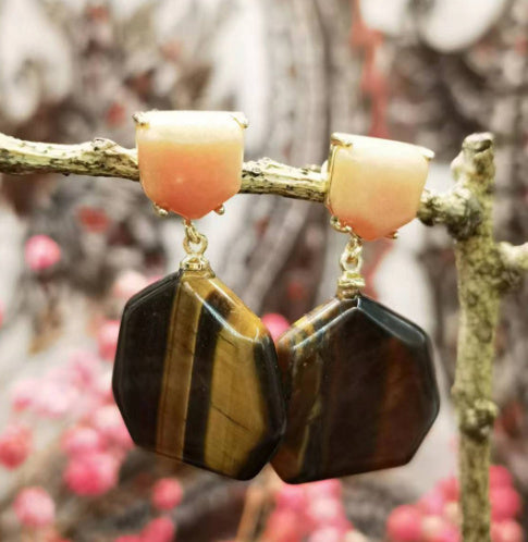Boucles d’oreilles en Améthyste, Œil-de-Tigre & Rhodochrosite – Pierres Naturelles