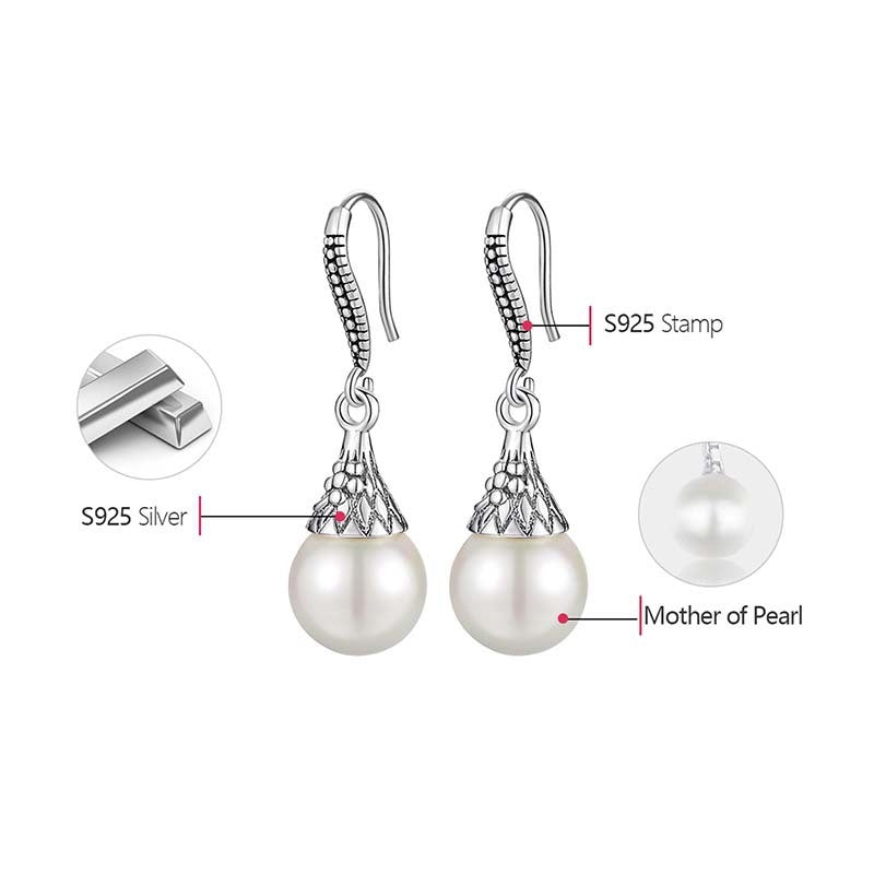 Boucles d’Oreilles Goutte d’Eau Rétro en Perles de Coquillage et Argent S925