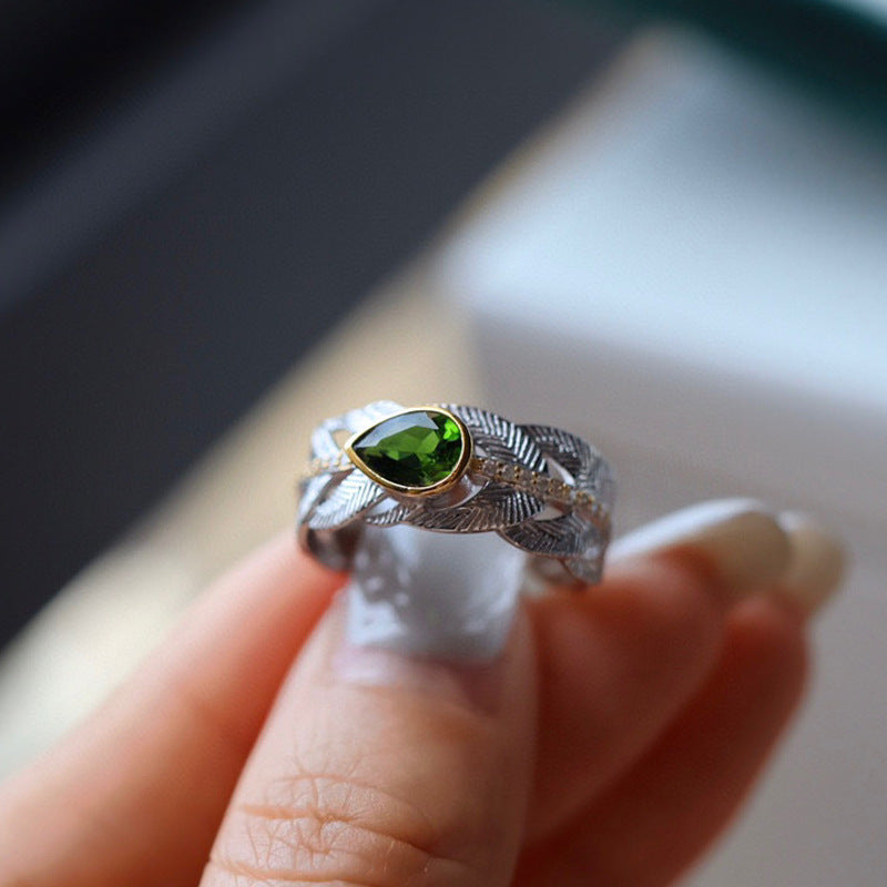 Bague en Argent Sterling 925 avec Diopside Naturel et Design Plume – Luxe Léger pour Femme