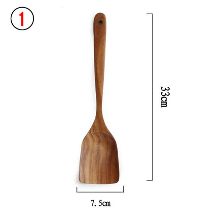 Ensemble d'Ustensiles de Cuisine en Bois de Teck Naturel : Cuillère, Louche, Spatule, Écumoire, Ensemble Polyvalent