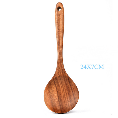 Juego de utensilios de cocina de madera de teca natural: cuchara, cucharón, espátula y más