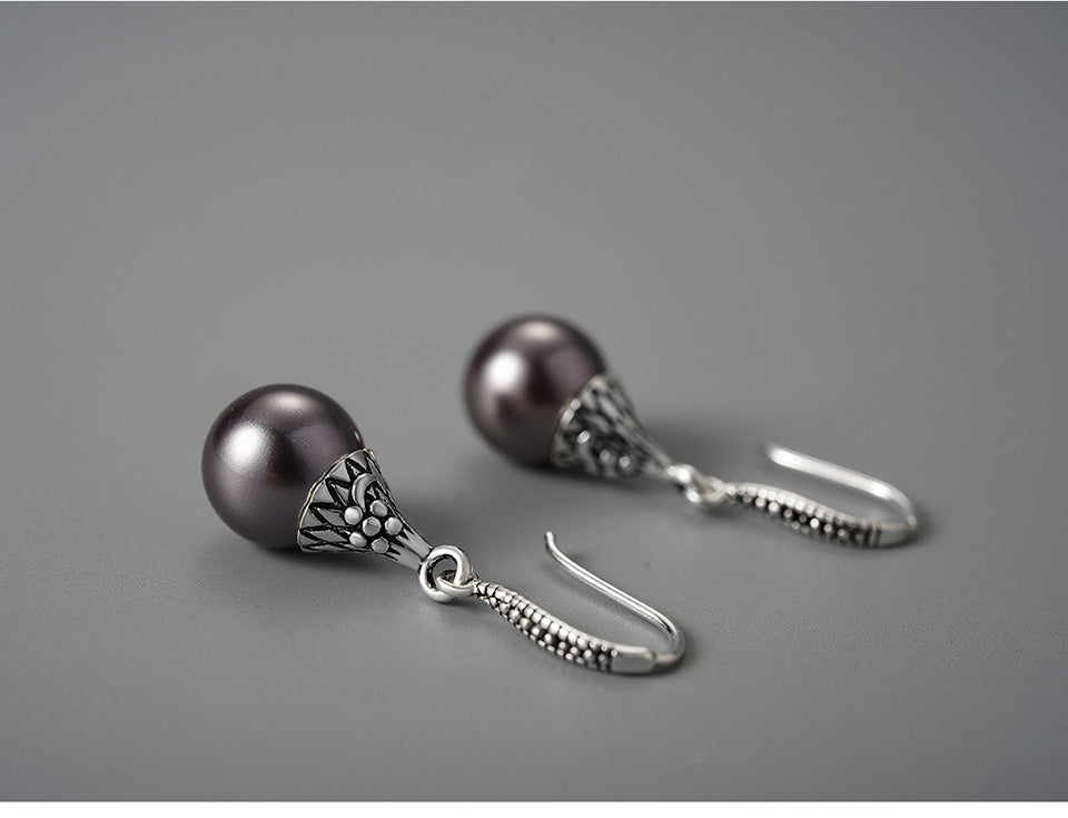 Boucles d’Oreilles Goutte d’Eau Rétro en Perles de Coquillage et Argent S925