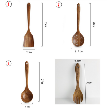 Ensemble d'Ustensiles de Cuisine en Bois de Teck Naturel : Cuillère, Louche, Spatule, Écumoire, Ensemble Polyvalent