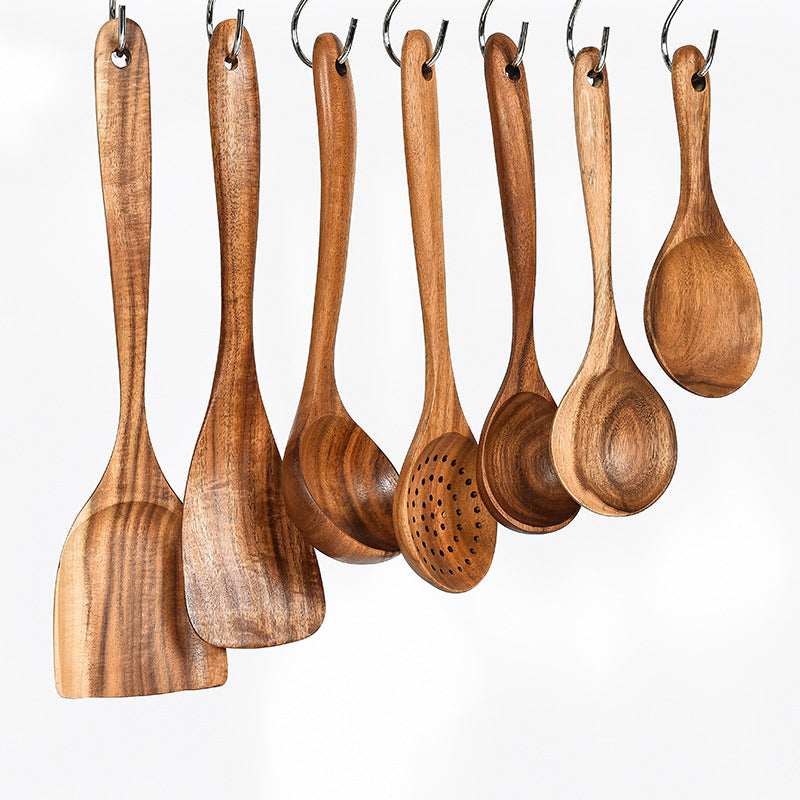 Ensemble d'Outils de Cuisine en Bois de Teck Naturel : Cuillère, Louche, Spatule et Plus