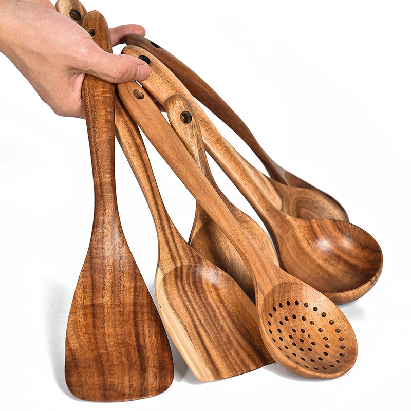 Ensemble d'Outils de Cuisine en Bois de Teck Naturel : Cuillère, Louche, Spatule et Plus