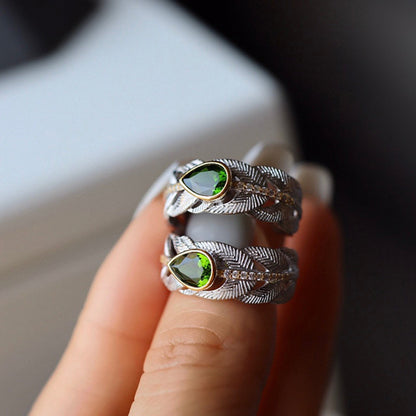 Bague en Argent Sterling 925 avec Diopside Naturel et Design Plume – Luxe Léger pour Femme