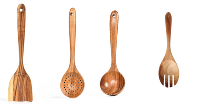 Ensemble d'Outils de Cuisine en Bois de Teck Naturel : Cuillère, Louche, Spatule et Plus