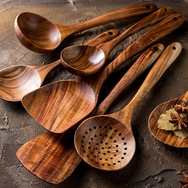 Küchenutensilien-Set aus natürlichem Teakholz: Löffel, Schöpfkelle, Pfannenwender, Schaumlöffel, vielseitiges Set