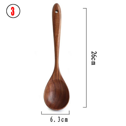 Ensemble d'Ustensiles de Cuisine en Bois de Teck Naturel : Cuillère, Louche, Spatule, Écumoire, Ensemble Polyvalent