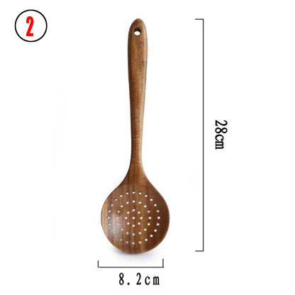 Ensemble d'Ustensiles de Cuisine en Bois de Teck Naturel : Cuillère, Louche, Spatule, Écumoire, Ensemble Polyvalent