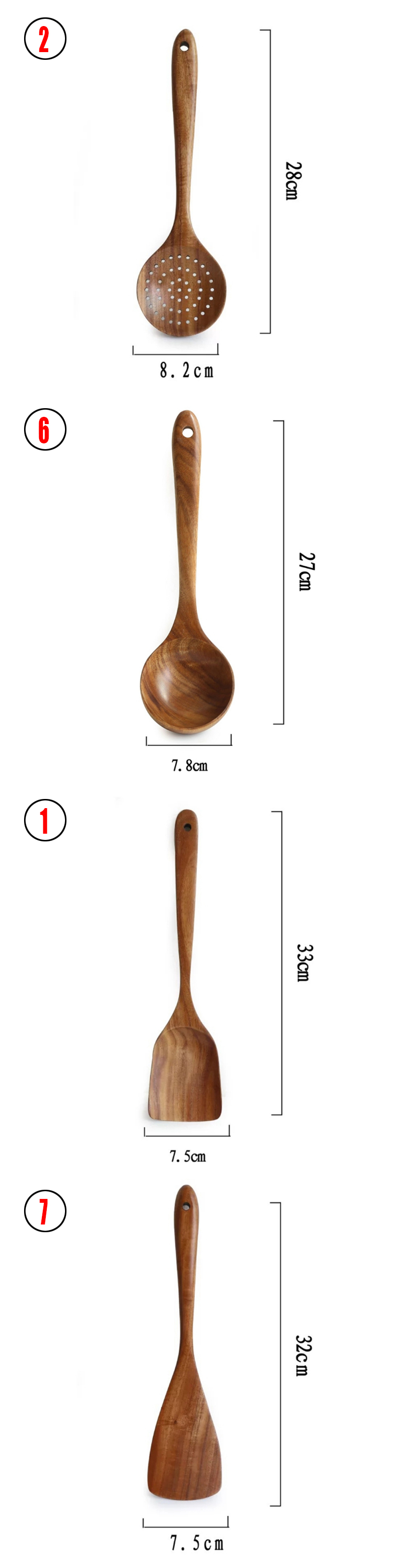 Ensemble d'Ustensiles de Cuisine en Bois de Teck Naturel : Cuillère, Louche, Spatule, Écumoire, Ensemble Polyvalent