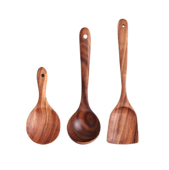 Ensemble de Cuillères et Écumoires en Bois de Teck Naturel (1-7 pièces) : Outils de Cuisine Élégants