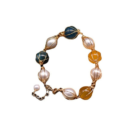 Bracelet en Perles d'Eau Douce, Cristal Bleu et Jade Jaune - Élégance Naturelle