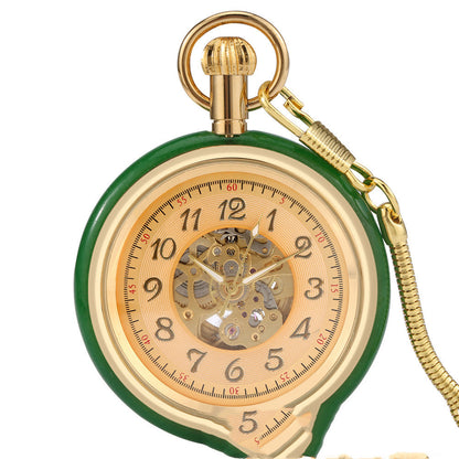 Montre de Poche Vintage Automatique en Jade Vert Incrusté et Or - Cadeau Idéal pour la Fête des Pères