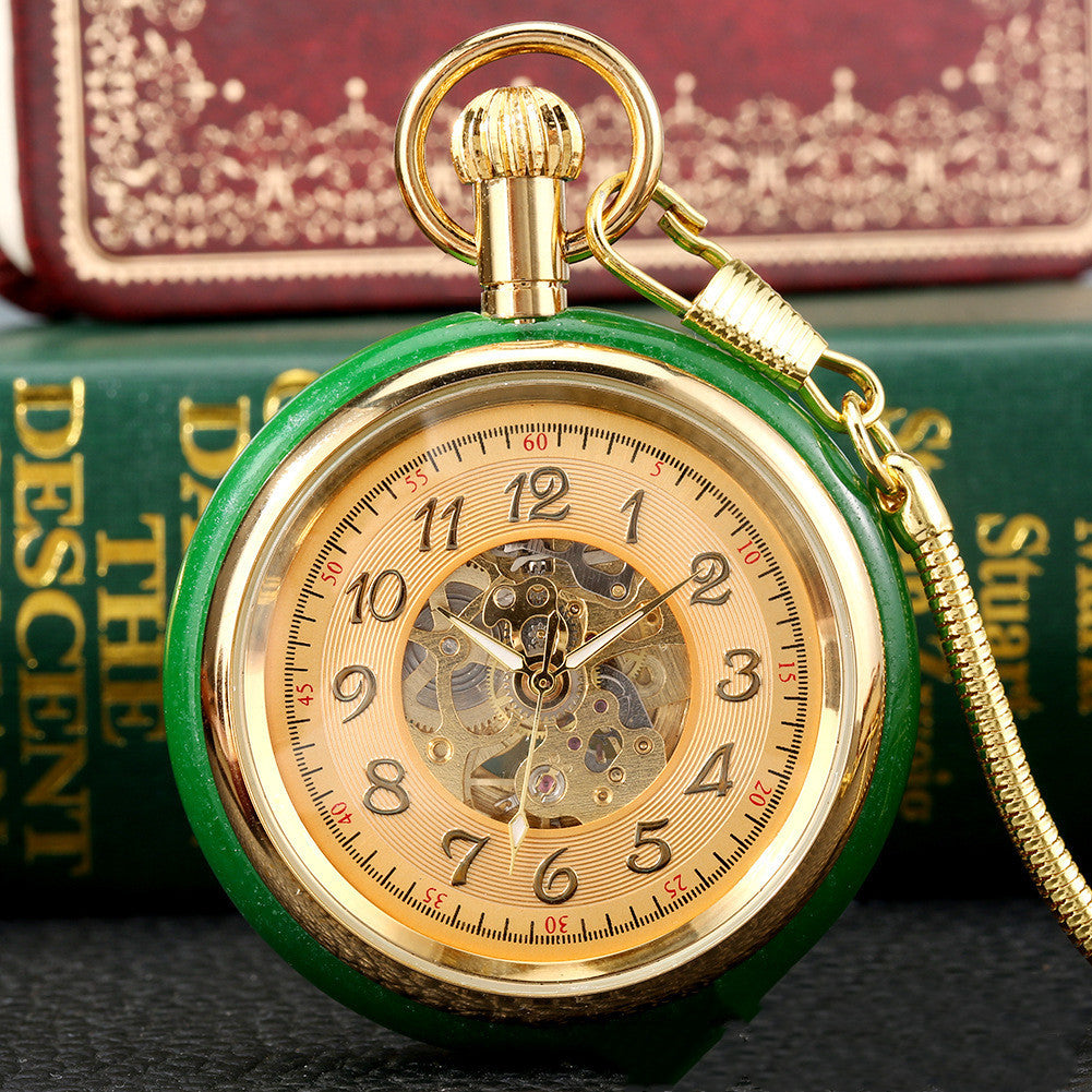 Montre de Poche Vintage Automatique en Jade Vert Incrusté et Or - Cadeau Idéal pour la Fête des Pères