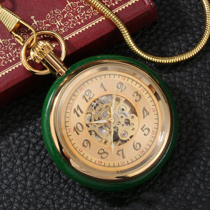 Montre de Poche Vintage Automatique en Jade Vert Incrusté et Or - Cadeau Idéal pour la Fête des Pères