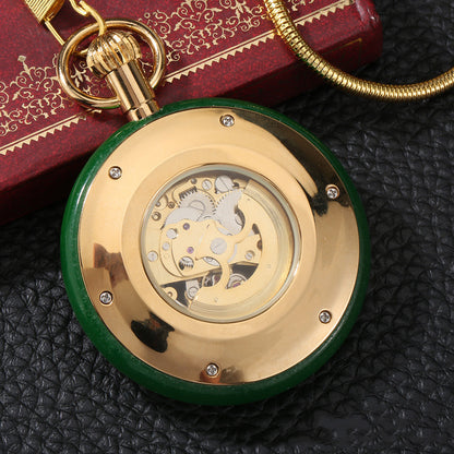 Montre de Poche Vintage Automatique en Jade Vert Incrusté et Or - Cadeau Idéal pour la Fête des Pères