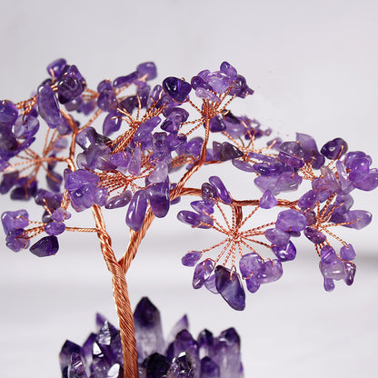 Árbol de flores de amatista natural con base de racimo de amatista