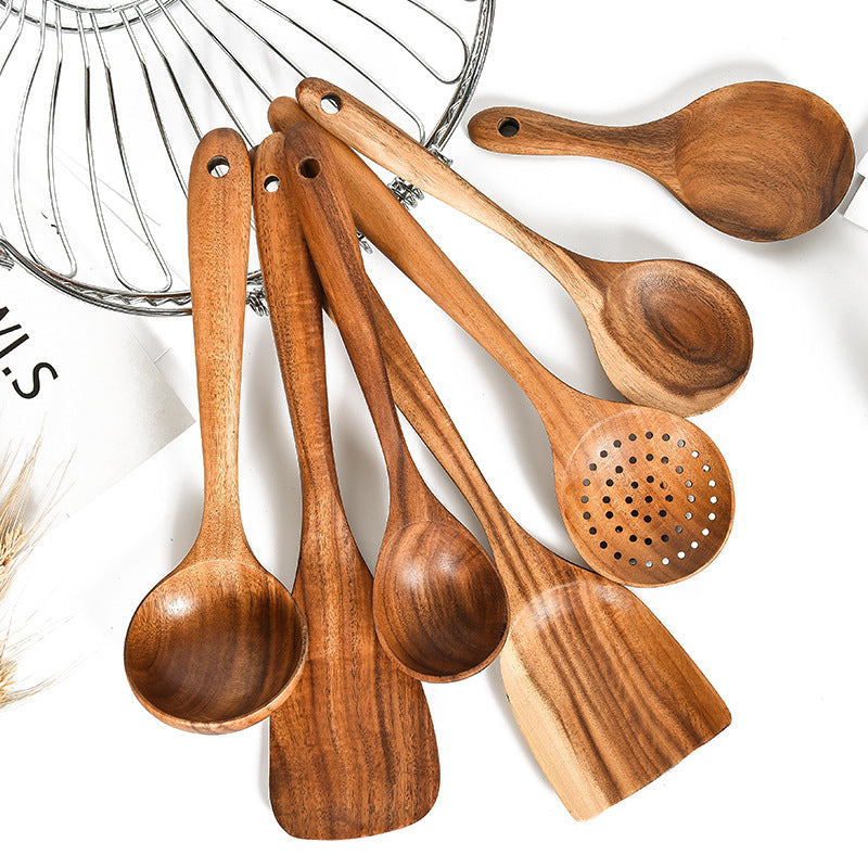 Ensemble d'Outils de Cuisine en Bois de Teck Naturel : Cuillère, Louche, Spatule et Plus