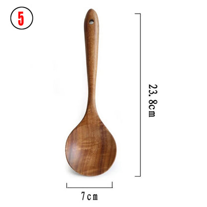 Ensemble d'Ustensiles de Cuisine en Bois de Teck Naturel : Cuillère, Louche, Spatule, Écumoire, Ensemble Polyvalent