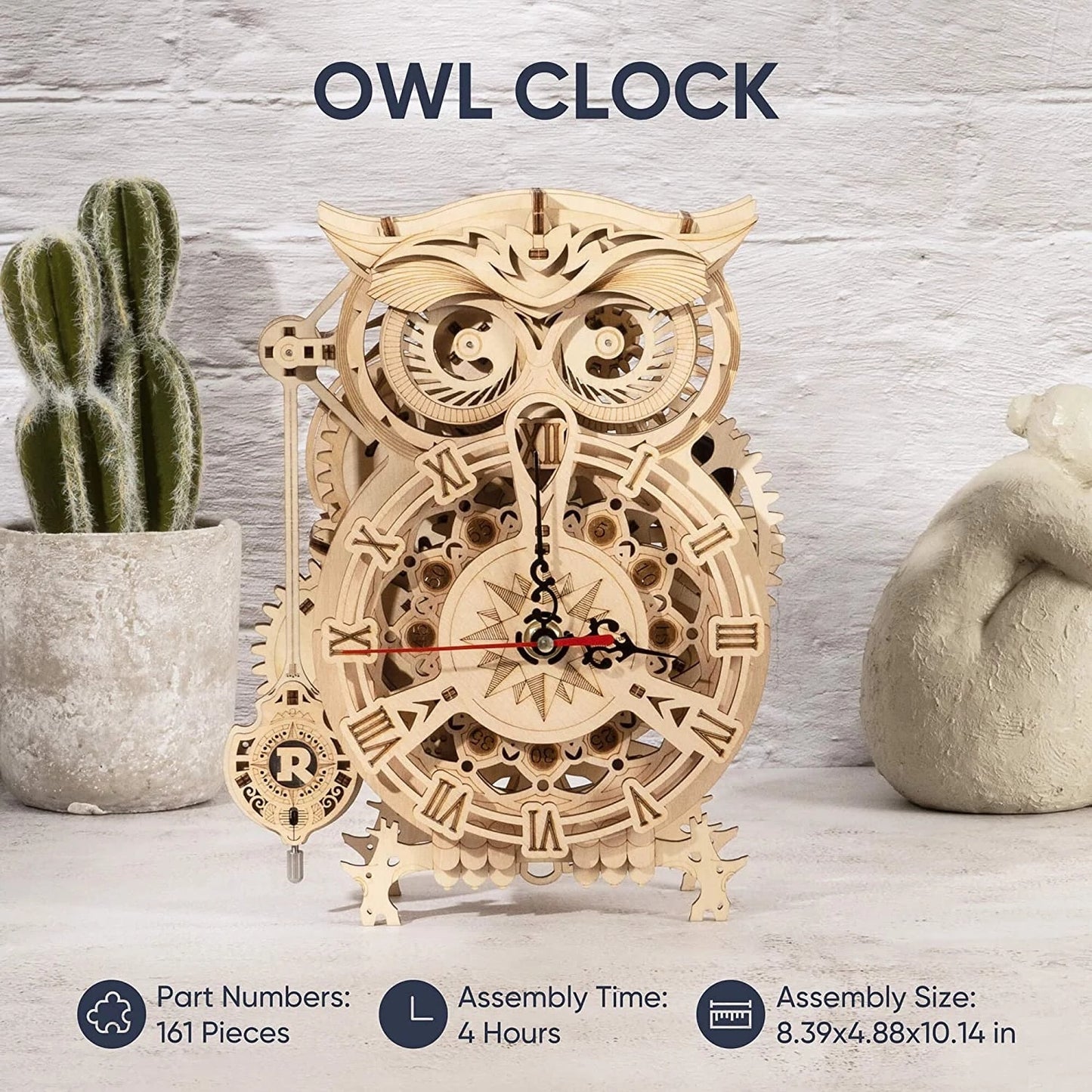 Horloge hibou en bois Robotime ROKR avec détails de montage