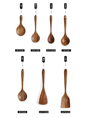 Ensemble d'Ustensiles de Cuisine en Bois de Teck Naturel : Cuillère, Louche, Spatule, Écumoire, Ensemble Polyvalent