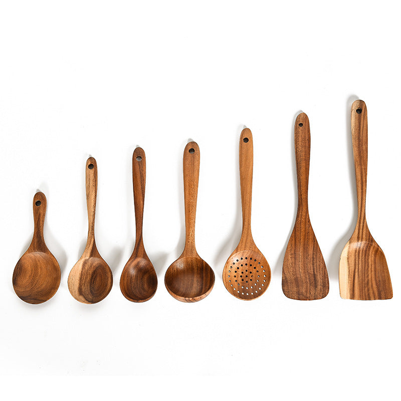 Ensemble d'Outils de Cuisine en Bois de Teck Naturel : Cuillère, Louche, Spatule et Plus