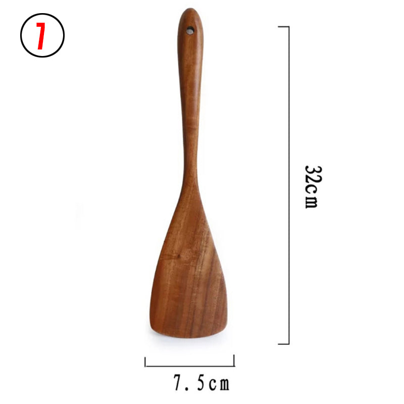 Ensemble d'Ustensiles de Cuisine en Bois de Teck Naturel : Cuillère, Louche, Spatule, Écumoire, Ensemble Polyvalent