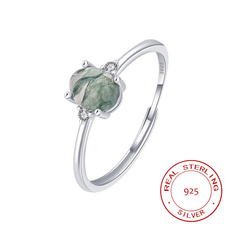 Bague en argent sterling S925 avec agate verte et sceau