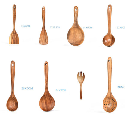 Juego de utensilios de cocina de madera de teca natural: cuchara, cucharón, espátula y más