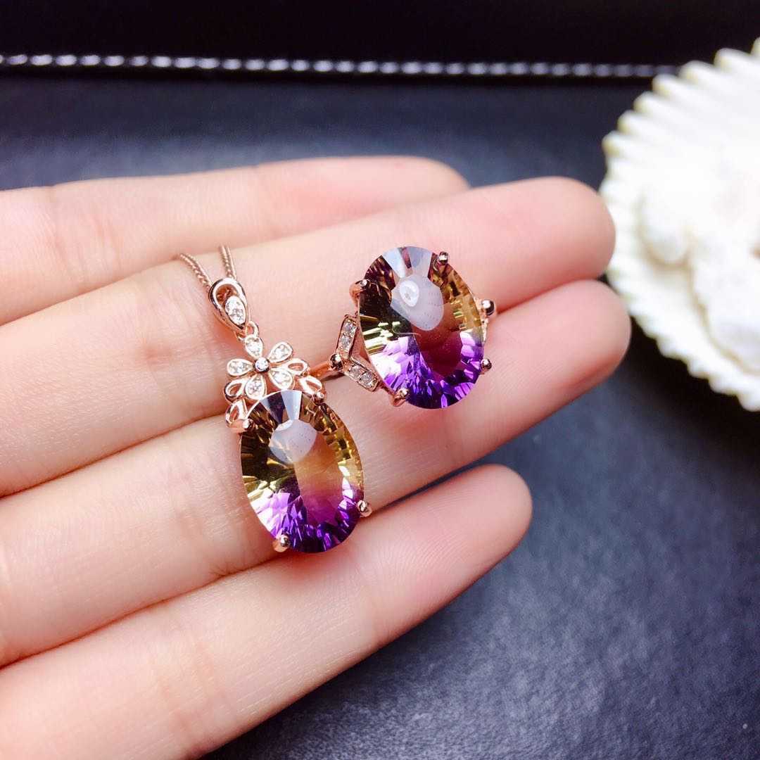 Amethyst-Ring- und Halsketten-Set für Damen – Sterlingsilber und Naturstein