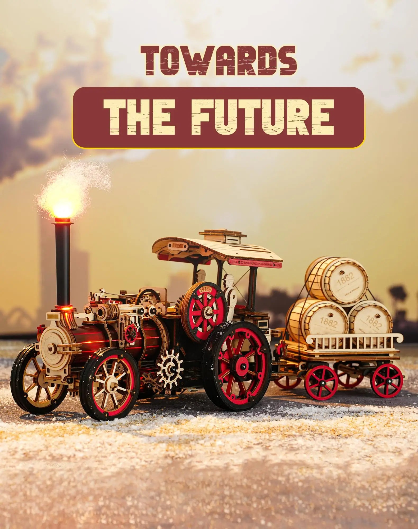 Modèle de locomotive tracteur avec message 'Towards the Future'.