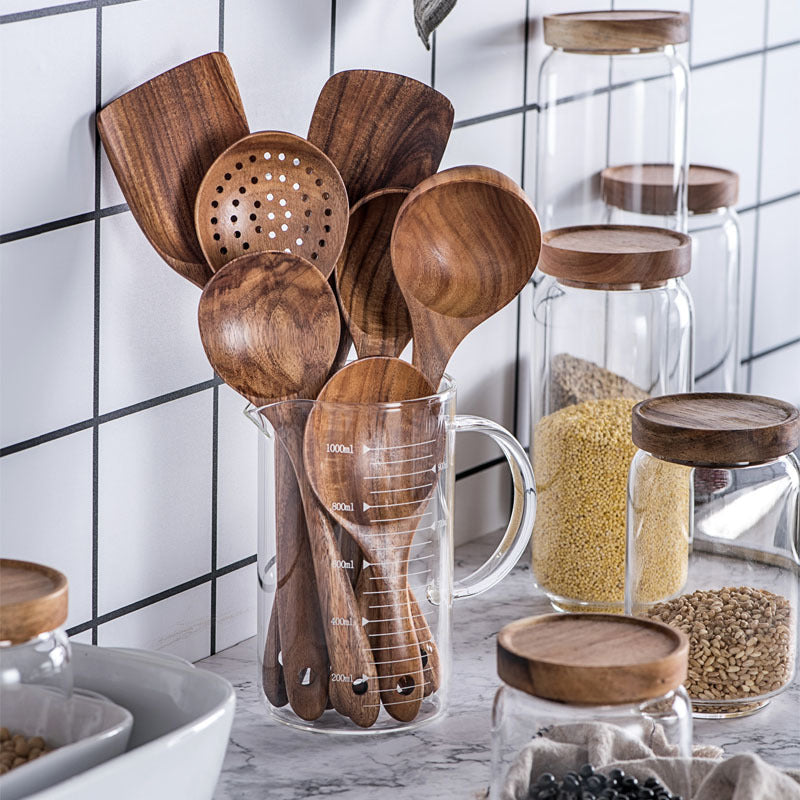 Ensemble d'Ustensiles de Cuisine en Bois de Teck Naturel : Cuillère, Louche, Spatule, Écumoire, Ensemble Polyvalent