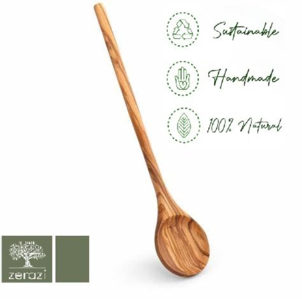 Zerazi | Grande Cuillère Ronde De Cuisine | Bois d’Olivier | 30cm | Écologique | Entièrement Fabriqué À La Main | Durable | Hygiénique