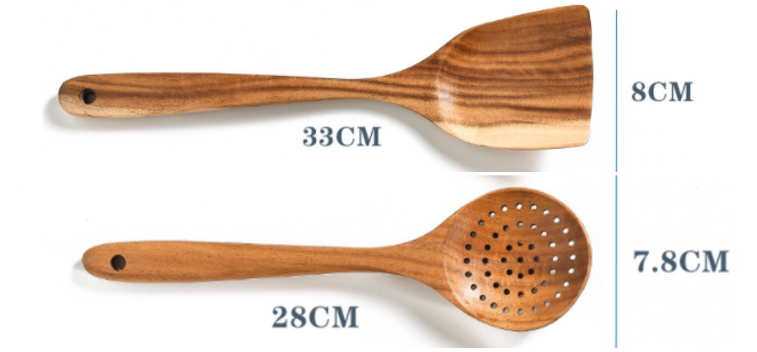 Juego de utensilios de cocina de madera de teca natural: cuchara, cucharón, espátula y más