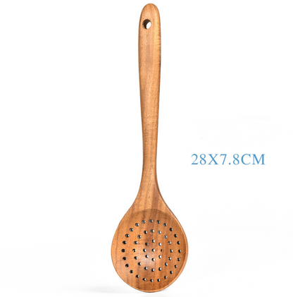 Ensemble d'Outils de Cuisine en Bois de Teck Naturel : Cuillère, Louche, Spatule et Plus