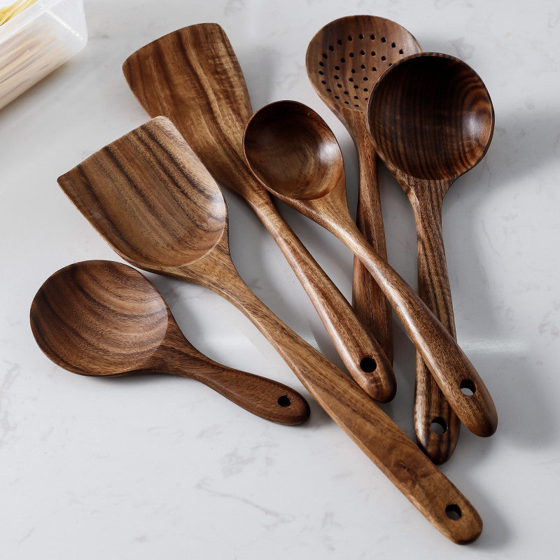 Ensemble d'Ustensiles de Cuisine en Bois de Teck Naturel : Cuillère, Louche, Spatule, Écumoire, Ensemble Polyvalent