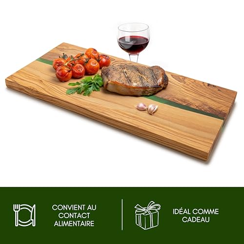 Erreke Planche à Découper en Bois d'Olivier avec Résine Époxy – 38x18cm, Fait Main, Idéale pour Viande, Fromage, Pain, Barbecue