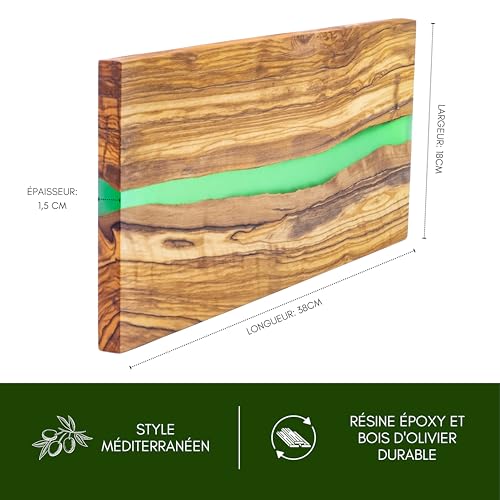 Erreke Planche à Découper en Bois d'Olivier avec Résine Époxy – 38x18cm, Fait Main, Idéale pour Viande, Fromage, Pain, Barbecue