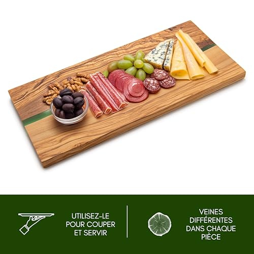 Erreke Planche à Découper en Bois d'Olivier avec Résine Époxy – 38x18cm, Fait Main, Idéale pour Viande, Fromage, Pain, Barbecue