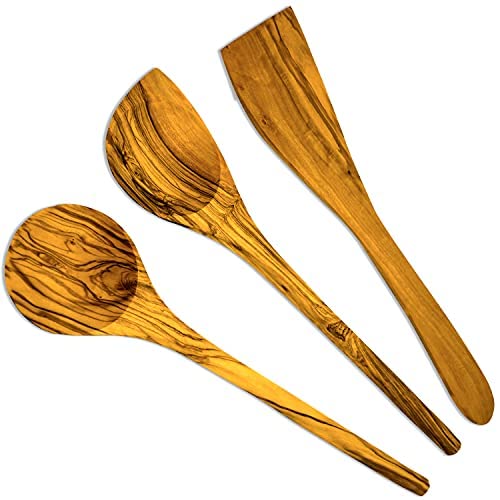 Lot de 3 cuillères de cuisine de qualité supérieure en bois d'olivier - Rondes, avec coin et spatule