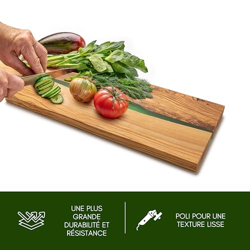 Erreke Planche à Découper en Bois d'Olivier avec Résine Époxy – 38x18cm, Fait Main, Idéale pour Viande, Fromage, Pain, Barbecue