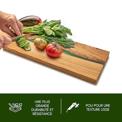 Erreke Planche a Decouper Bois, Planche a Decouper Bois Olivier, Planche à Découper Bois, Fait Main, Servir ou Couper les Aliments Viande Fromage Pain Cuisine Barbecue, Résine Époxy Verte (38x18cm)